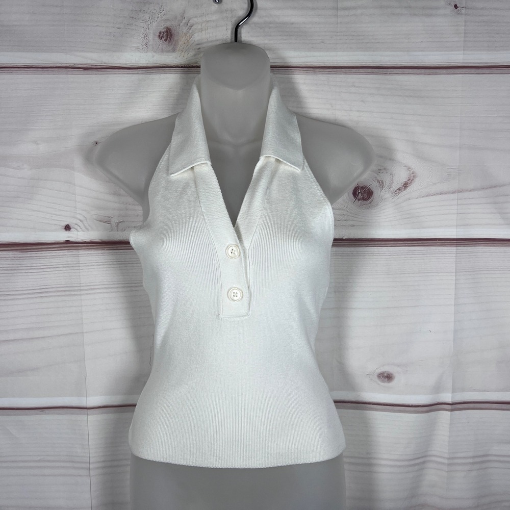 BDG Halter Top Womens Medium White Ribbed Knit Collared Button Up Sleeveless